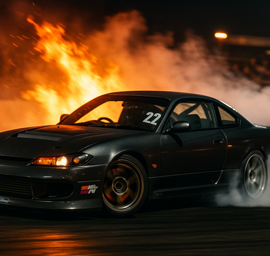 Showing drifting meaning a car drifting on a track controlled sideways