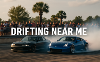 A 370Z and S14 drifting by a crowd at a drift event