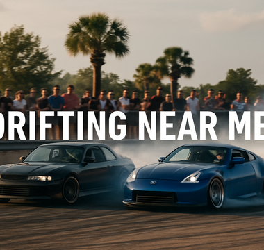 A 370Z and S14 drifting by a crowd at a drift event