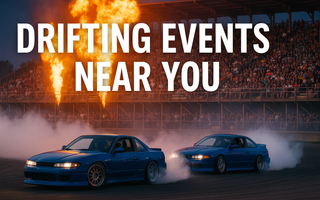 Two drift cars sliding in front of a packed bleacher as fire erupts in the background, with the title ‘DRIFTING EVENTS NEAR YOU’ displayed across the image.