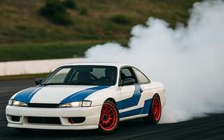 A drift car mid-corner with smoke pouring from the rear tires on a wide race track, captured during a clutch kick initiation