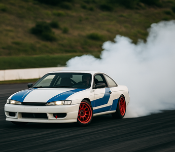 A drift car mid-corner with smoke pouring from the rear tires on a wide race track, captured during a clutch kick initiation