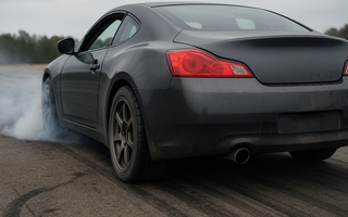 Drift car rear view with worn tires and suspension components visible after a drift session