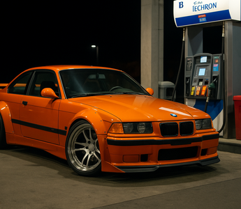 Orange widebody BMW E36 M3 slammed at a gas station pump at night with the front wheels turned, showcasing aggressive stance, drift fitment, and performance styling with E36 angle kit.