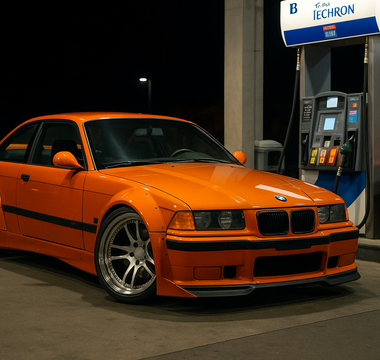 Orange widebody BMW E36 M3 slammed at a gas station pump at night with the front wheels turned, showcasing aggressive stance, drift fitment, and performance styling with E36 angle kit.