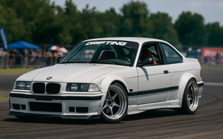 Widebody white BMW E36 coupe with angle kit andwith extended fenders and deep-dish wheels drifting at an outdoor motorsport event, captured mid-corner with spectators and tents in the background.