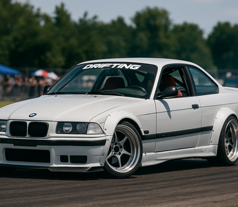Widebody white BMW E36 coupe with angle kit andwith extended fenders and deep-dish wheels drifting at an outdoor motorsport event, captured mid-corner with spectators and tents in the background.