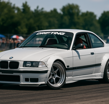 Widebody white BMW E36 coupe with angle kit andwith extended fenders and deep-dish wheels drifting at an outdoor motorsport event, captured mid-corner with spectators and tents in the background.