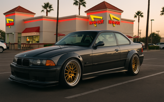 Widebody grey BMW E36 slammed on gold wheels parked in an In-N-Out Burger parking lot at sunset.