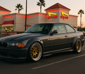 Widebody grey BMW E36 slammed on gold wheels parked in an In-N-Out Burger parking lot at sunset.