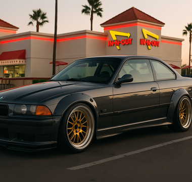 Widebody grey BMW E36 slammed on gold wheels parked in an In-N-Out Burger parking lot at sunset.