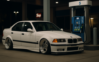 Slammed BMW E36 M3 4-door parked at a gas station at night beside the fuel pump, featuring lowered stance, deep wheels, and aggressive fitment.