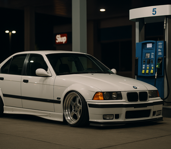 Slammed BMW E36 M3 4-door parked at a gas station at night beside the fuel pump, featuring lowered stance, deep wheels, and aggressive fitment.