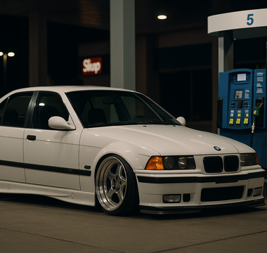 Slammed BMW E36 M3 4-door parked at a gas station at night beside the fuel pump, featuring lowered stance, deep wheels, and aggressive fitment.