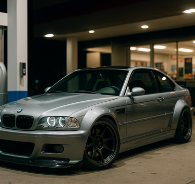 Slammed widebody BMW E46 M3 parked at a gas station pump at night with the front wheels turned, showcasing aggressive stance, deep-dish wheels, and performance drift styling.