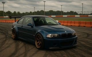 Widebody blue BMW E46 M3 slammed on bronze wheels parked on a drift track, surrounded by tire marks and orange barriers in the background with an E46 angle kit.