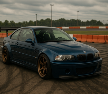Widebody blue BMW E46 M3 slammed on bronze wheels parked on a drift track, surrounded by tire marks and orange barriers in the background with an E46 angle kit.