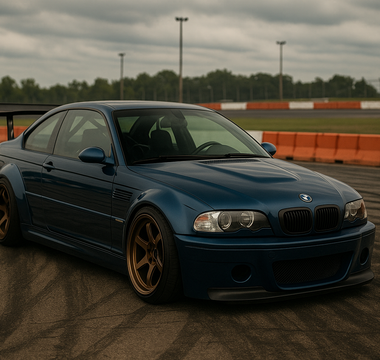 Widebody blue BMW E46 M3 slammed on bronze wheels parked on a drift track, surrounded by tire marks and orange barriers in the background with an E46 angle kit.