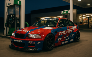 Widebody slammed E46 M3 drift car with full livery and E46 angle kit from SLR sponsor logos parked at a gas station pump at night under bright station lights.