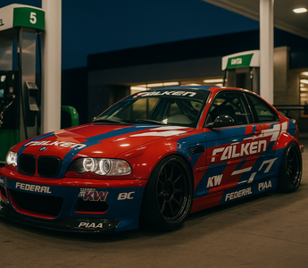 Widebody slammed E46 M3 drift car with full livery and E46 angle kit from SLR sponsor logos parked at a gas station pump at night under bright station lights.