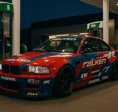 Widebody slammed E46 M3 drift car with full livery and E46 angle kit from SLR sponsor logos parked at a gas station pump at night under bright station lights.
