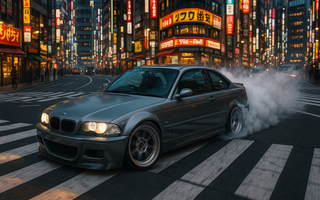 An E46 BMW drifting through Tokyo and E46 coilovers installed