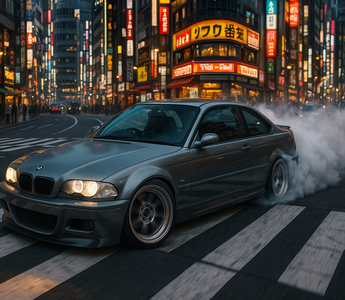 An E46 BMW drifting through Tokyo and E46 coilovers installed