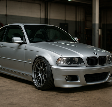 BMW E46 lowered on performance coilovers parked in a garage, highlighting aggressive camber, low ride height, and upgraded suspension geometry.