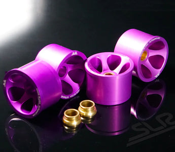 close-up of purple anodized E46 bushings