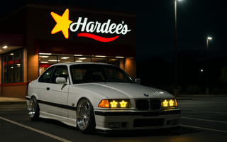 Slammed BMW E36 coupe on big wheels parked at a Hardee’s parking lot at night, with bright yellow neon star headlights glowing under the lot lights.