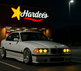 Slammed BMW E36 coupe on big wheels parked at a Hardee’s parking lot at night, with bright yellow neon star headlights glowing under the lot lights.