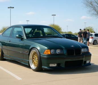 Slammed dark green BMW E36 M3 on gold wheels parked at a daytime Texas car meet in a clean parking lot with people and cars in the background.