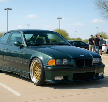 Slammed dark green BMW E36 M3 on gold wheels parked at a daytime Texas car meet in a clean parking lot with people and cars in the background.