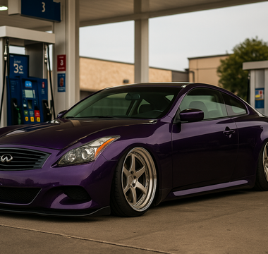 G37S Coilovers installed on purple G37 at gas station slammed