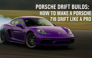 Porsche 718 Cayman mid-drift on track with aggressive camber and front lock