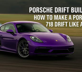 Porsche 718 Cayman mid-drift on track with aggressive camber and front lock