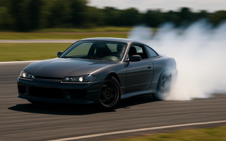 Car mid-drift on a closed track, tires smoking, showing perfect countersteer control