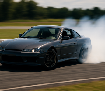 Car mid-drift on a closed track, tires smoking, showing perfect countersteer control