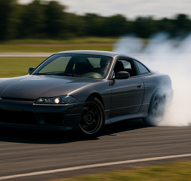 Car mid-drift on a closed track, tires smoking, showing perfect countersteer control
