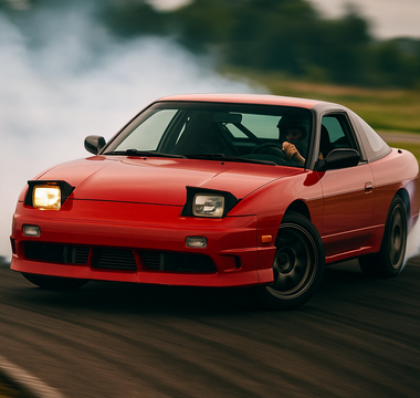 A red 240sx doing a 360 drift on track with smoke coming out of back tires