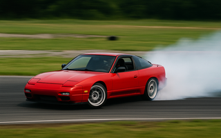 A drift car sliding sideways around a corner on a closed track, kicking up tire smoke