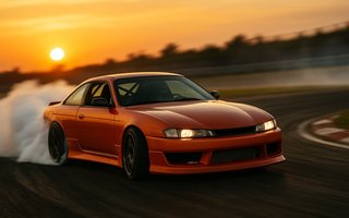 Drift car sliding through a corner in controlled oversteer, smoke rolling off rear tires on a racetrack during sunset