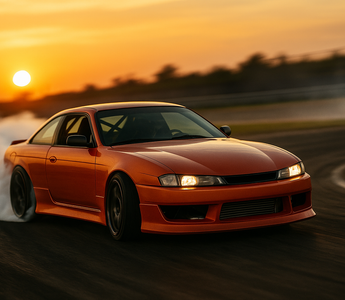 Drift car sliding through a corner in controlled oversteer, smoke rolling off rear tires on a racetrack during sunset