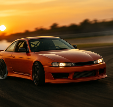 Drift car sliding through a corner in controlled oversteer, smoke rolling off rear tires on a racetrack during sunset