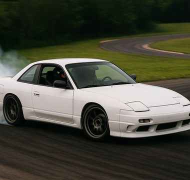 sports car mid-drift on a racetrack