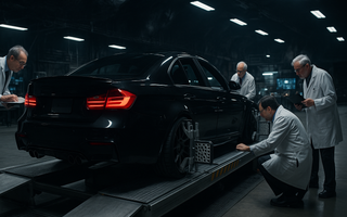 Black car on an alignment rack inside a dark racing-style batcave workshop, surrounded by professors adjusting suspension components under dramatic lighting.