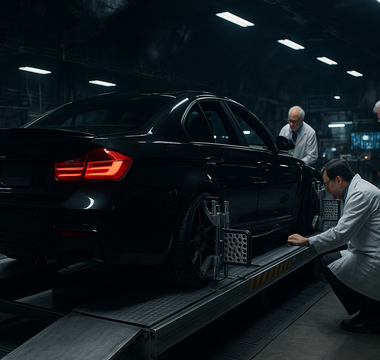 Black car on an alignment rack inside a dark racing-style batcave workshop, surrounded by professors adjusting suspension components under dramatic lighting.