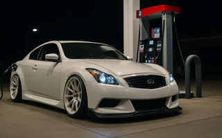 Slammed Infiniti G37S with a wide body kit parked at a gas station pump at night under neon lighting, with reflections on wet pavement highlighting its low stance and performance coilover setup.