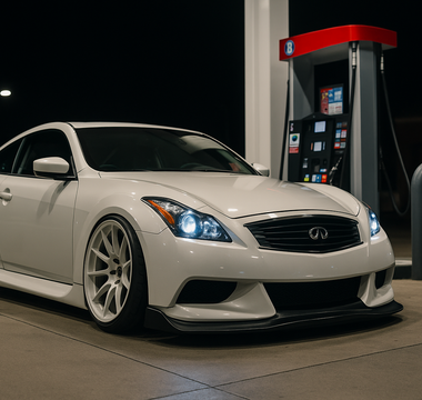 Slammed Infiniti G37S with a wide body kit parked at a gas station pump at night under neon lighting, with reflections on wet pavement highlighting its low stance and performance coilover setup.