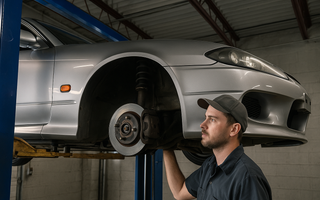 A mechanic with an S15 drift car on the lift looking at inner tie rods